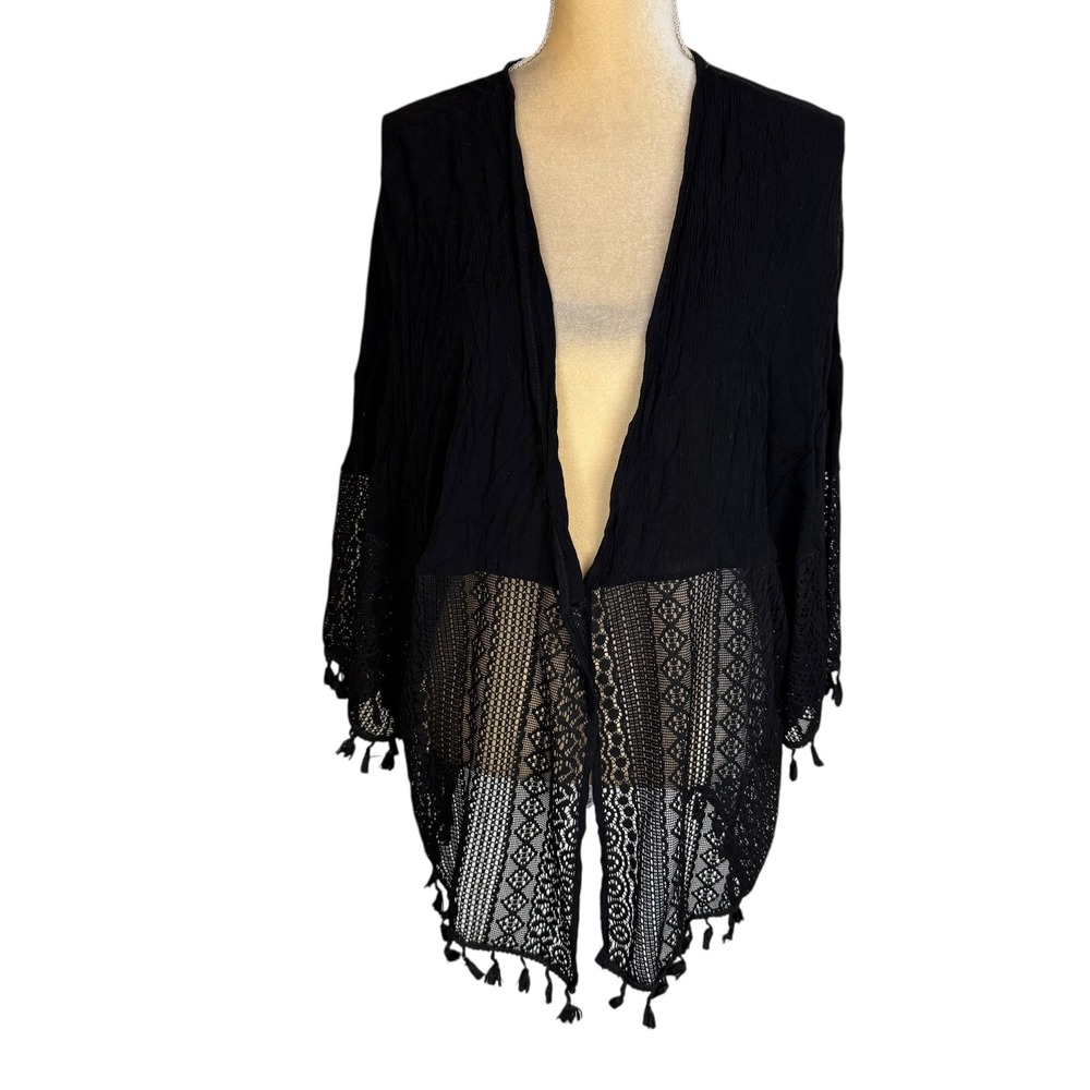 Moral Fiber Black‎ Kimono Crochet Lace Tassel Bohemian Cover Up OS whimsigoth